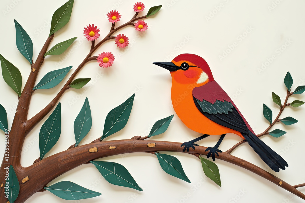 Colorful paper-cut bird on branch with flowers