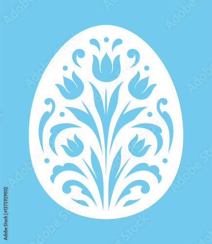 Easter egg with tulips. Paper or laser cutting template. Vector illustration. Decorative holiday symbol. Floral ornate egg. Isolated on color background. For laser, plotter cutting, sublimation.