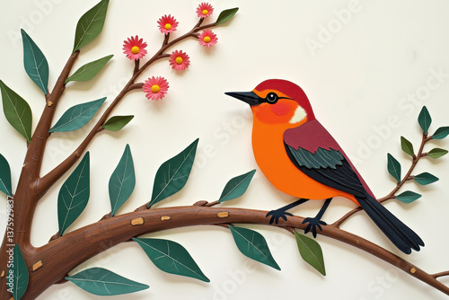 Obraz na płótnie Colorful paper-cut bird on branch with flowers w salonie