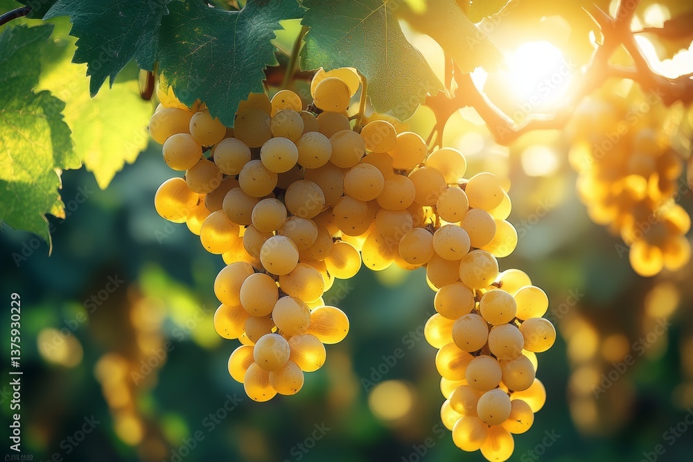 Golden grapes glowing in vineyard sunlight during harvest season for wine making, organic produce and natural lifestyle visuals