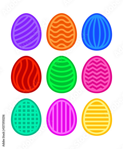 Easter geometric eggs set. Paper or laser cutting templates. Vector color illustrations. Decorative holiday symbols. Isolated on white background. Multilayered eggs collection.