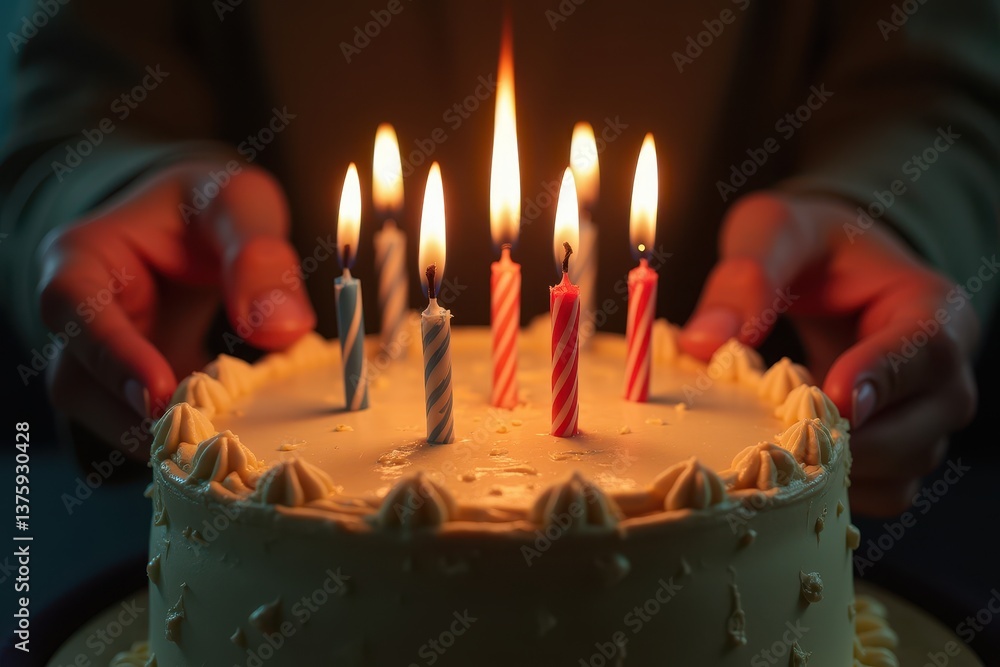 Birthday cake with lit candles creating warm glow