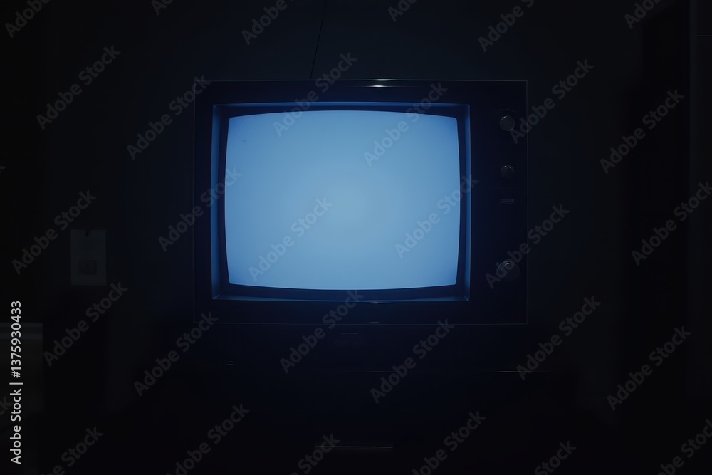 Old television screen glowing in dark room