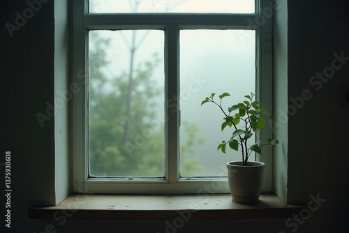 Obraz na płótnie Serene window with lush greenery small plant w salonie