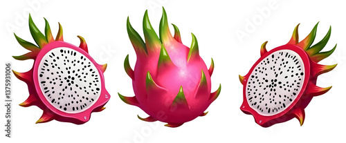 Vibrant dragon fruit displayed from multiple angles, showcasing its unique texture and colors. cut out,isolated, transparent background