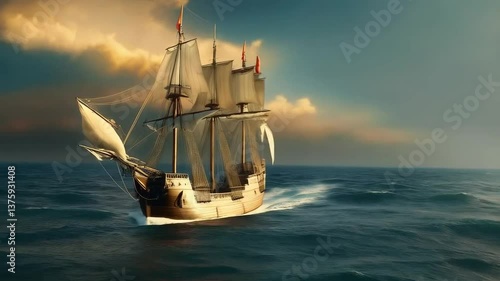 Columbus day freight ship sailing the seas towards America
