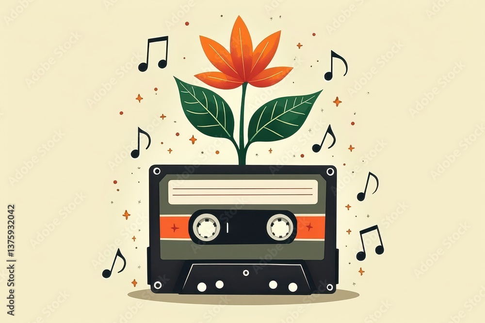 Cassette with blooming flower musical notes: retro music concept