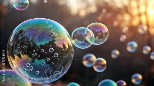 Wallpaper Mural Iridescent soap bubbles drifting through golden forest background Torontodigital.ca