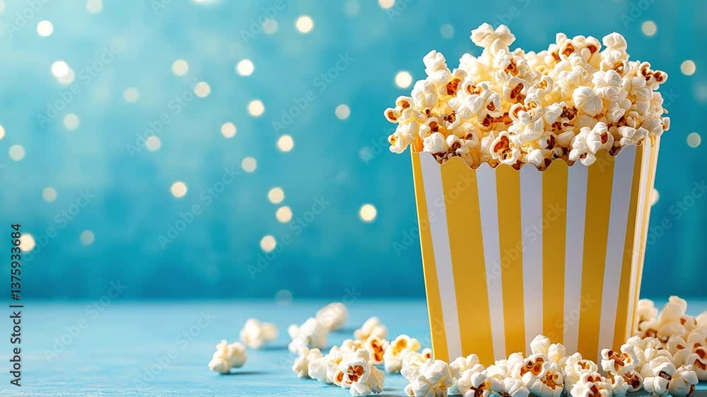 Freshly popped popcorn in a striped container with bokeh background Freshly popped popcorn in a striped container with bokeh background