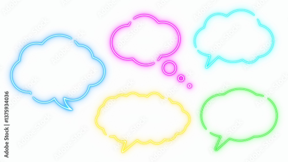 set of colorful speech bubbles clouds neon lights isolated on transparent background ,png chat and talk design element set of colorful speech bubbles clouds neon lights isolated on transparent background ,png chat and talk design element