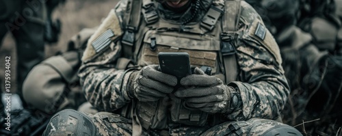 A soldier in tactical gear checking their phone during a military operation.