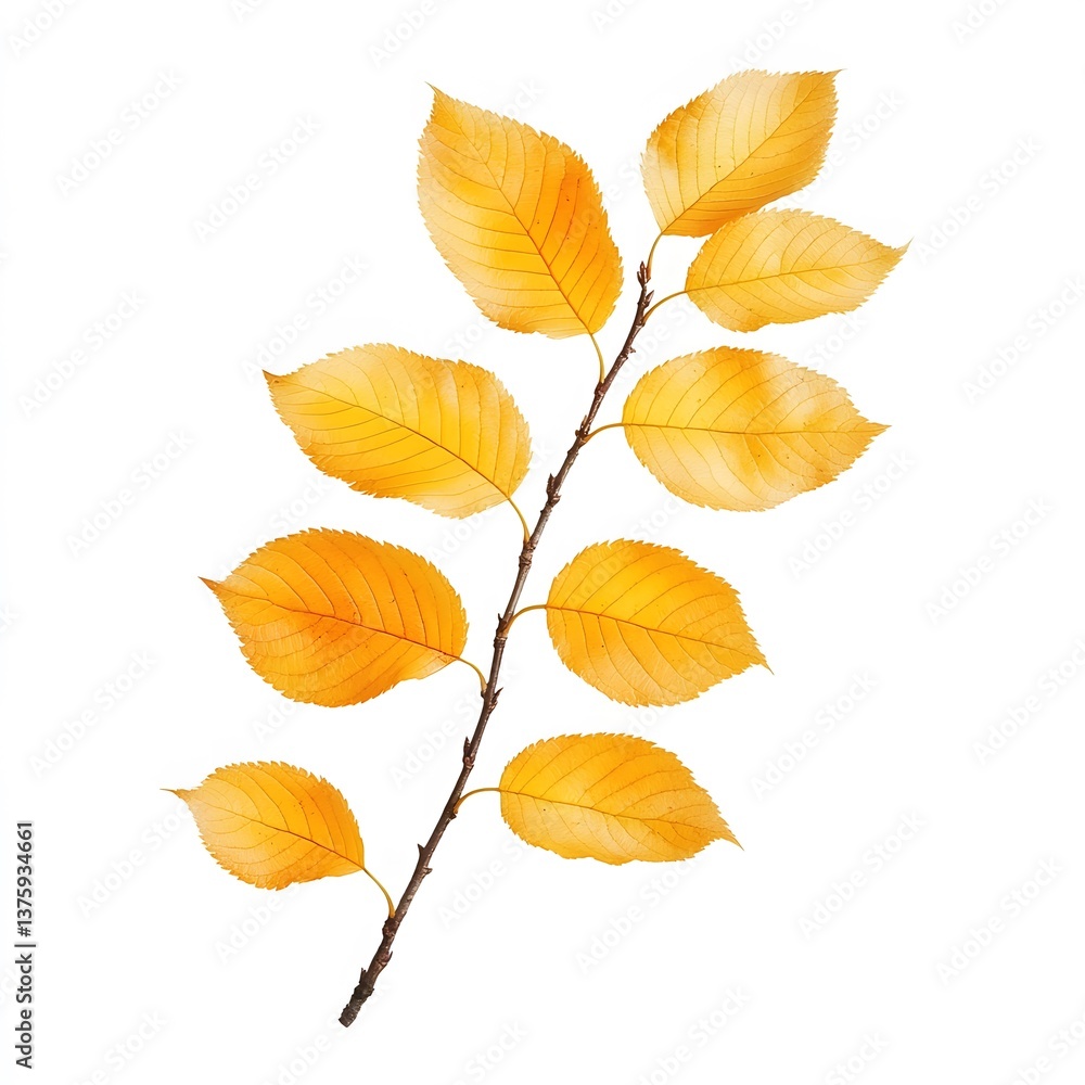 Fototapeta premium Autumn Branch with Golden Leaves Isolated on White Background