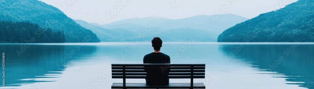 Fototapeta premium A serene scene of a person reflecting by a tranquil lake surrounded by mountains.