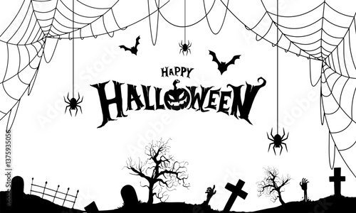 happy_halloween Happy halloween. Black and white background design for halloween banner or decor. Vector happy halloween lettering and spider webs.