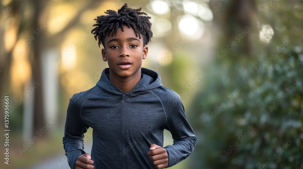 Focused young African American athlete jogging outdoors in sportswear on a forest path promoting fitness, determination and healthy lifestyle for youth campaigns