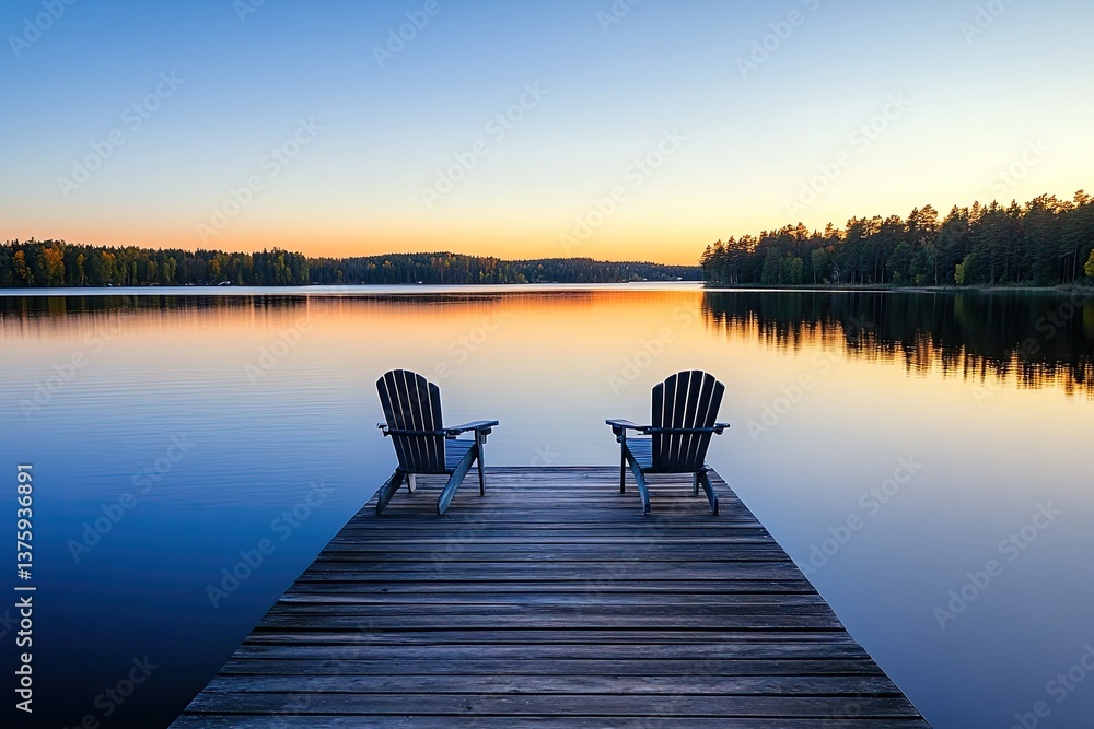 Tranquil Adirondack chairs on a dock at sunrise over a serene lake Tranquil Adirondack chairs on a dock at sunrise over a serene lake
