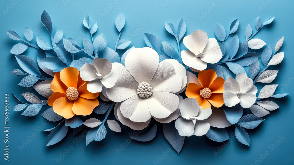 Obraz premium Paper Cut Flowers and Gypsum Plaster Blooming Composition on Blue Background - Origami Handmade Craft Art for Floral Decor Inspiration