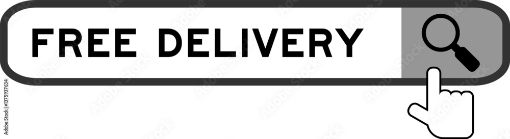 Search banner in word free delivery with hand over magnifier icon on white background Search banner in word free delivery with hand over magnifier icon on white background