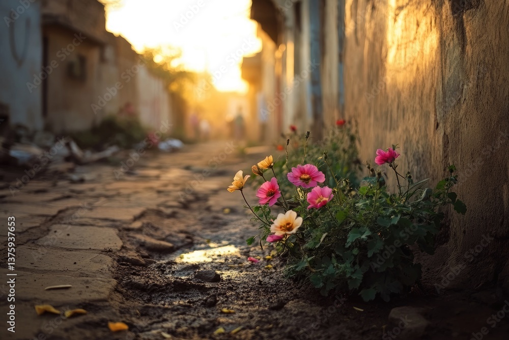 Fototapeta premium Colorful flowers bloom in a dusty alleyway at sunset