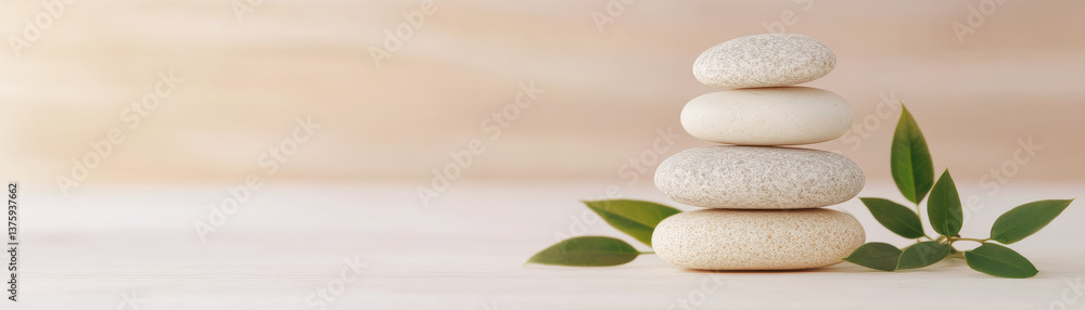 Fototapeta premium peaceful arrangement of stacked stones symbolizes tranquility and balance, complemented by green leaves
