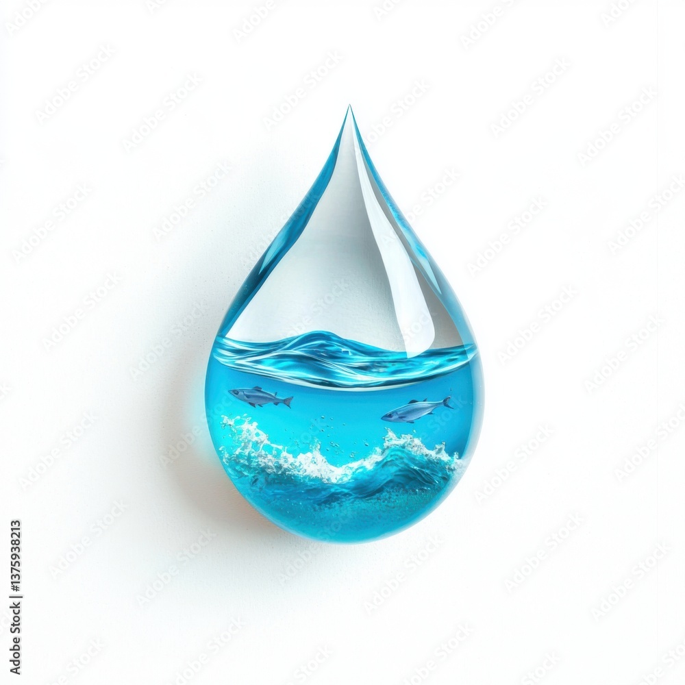 Obraz premium Single droplet of water on white background, containing miniature ocean scene with waves and fish inside, eco tech concept