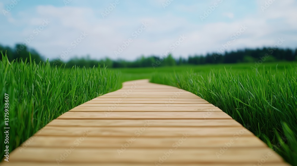 Fototapeta premium A serene wooden path winds through lush green grass under a clear sky, inviting exploration and connection with nature.
