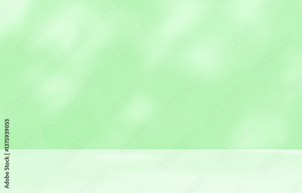 Empty green room studio with sunlight effect shadow of leaves. Minimal background for product presentation. Summer spring backdrop. Cosmetic and beauty products display room.