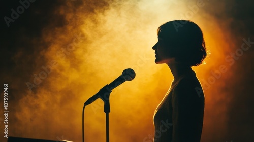 Silhouette of a woman with short hair on stage, standing in front of a microphone and speaking into it. Minimalist natural light photography with warm color tones.