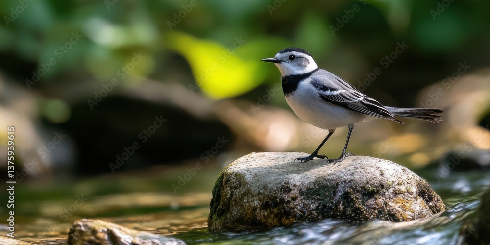 Obraz premium Black and white bird perched on a rock near a stream during a sunny afternoon in a peaceful natural setting