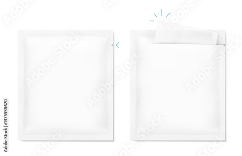 Torn sachet bag mockup for single wet wipe. Vector illustration isolated on white background. Flat lay view. Can be use for template your design, presentation, promo, ad. EPS10.