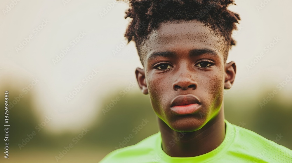 Young African American sprinter cooling down after intense workout session captured in glowing evening light for sports branding and athletic campaigns