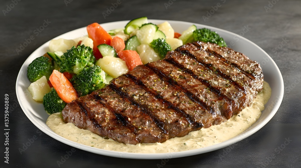 Grilled Steak with Roasted Vegetables and Creamy Sauce Grilled Steak with Roasted Vegetables and Creamy Sauce