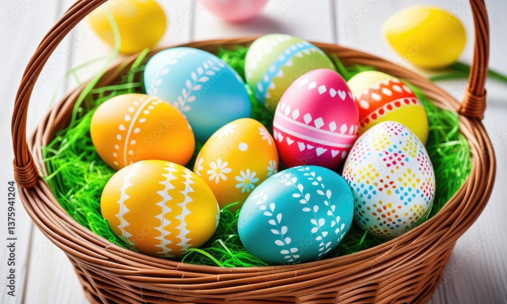 Colorful patterned easter eggs in woven basket on green grass Colorful patterned easter eggs in woven basket on green grass