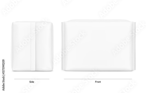 Packaging bag mockup. Front and side views. Vector illustration isolated on white background. Ready for your design. Suite for the presentation of pads, diaper, wipes, etc. EPS10.