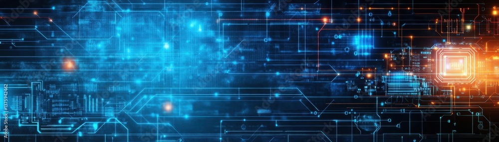 Intricate circuit design on a vibrant blue and orange background, showcasing the fusion of technology and artistry Intricate circuit design on a vibrant blue and orange background, showcasing the fusion of technology and artistry