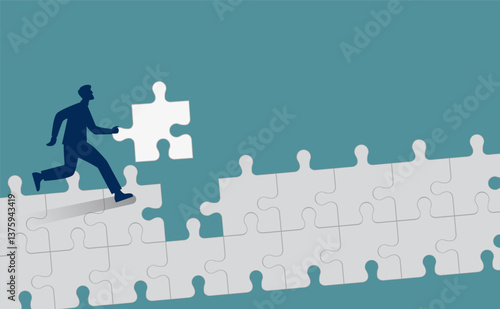 A man runs along the road and puts together a jigsaw puzzle. The concept of achieving the ultimate goal. Vector drawing