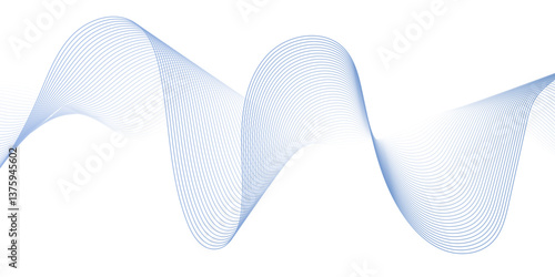 Dynamic minimal smoke blue flow sound line. Abstract glowing white blend line smooth flow soundwave curve energy gradient vector futuristic digital outline line science design.	