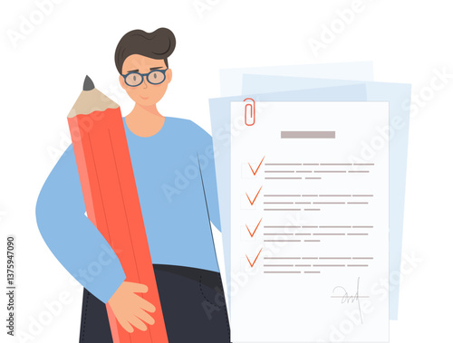 Person standing with huge pencil and filling the document, to do list concept, finishing work, flat vector illustration