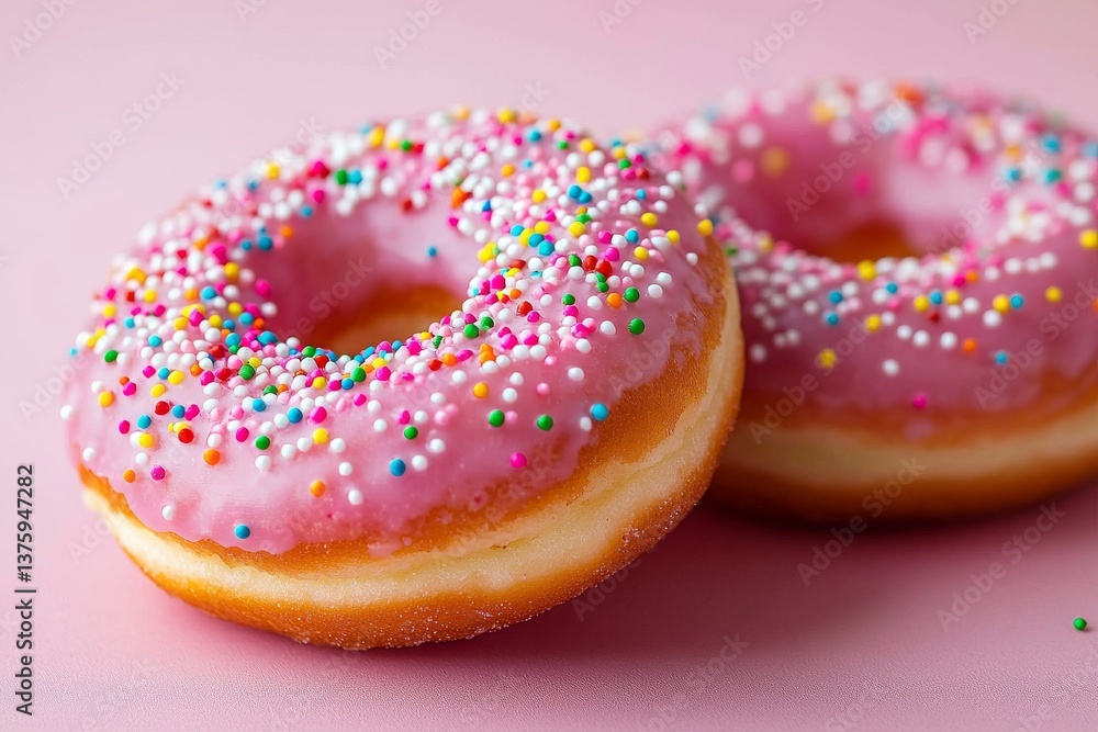 Freshly Baked Pink Frosted Donuts with Colorful Sprinkles on a Light Pink Background Freshly Baked Pink Frosted Donuts with Colorful Sprinkles on a Light Pink Background