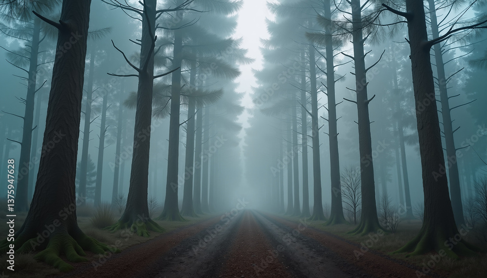 Obraz premium Misty forest pathway surrounded by tall trees 