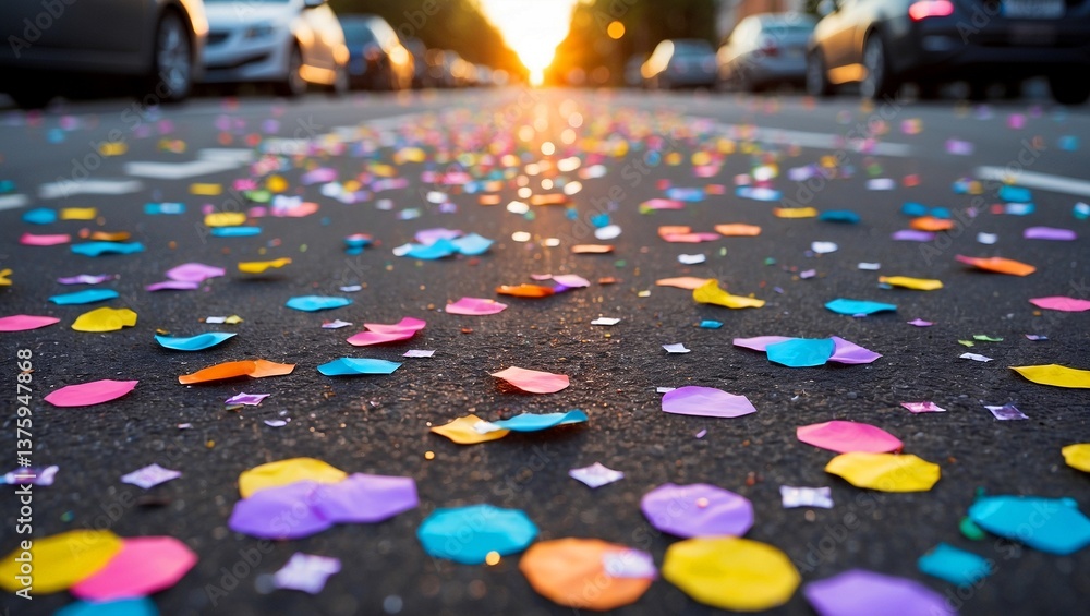 Colorful confetti creates joyful sunset street scene Colorful confetti creates joyful sunset street scene
