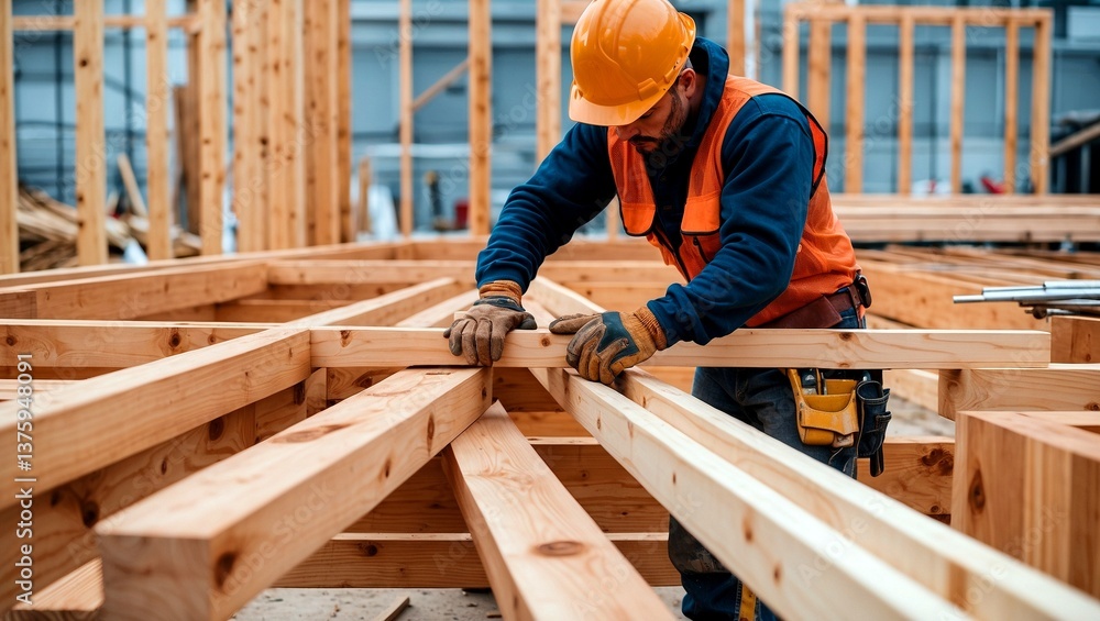 Construction worker assembling wooden beams at site Construction worker assembling wooden beams at site