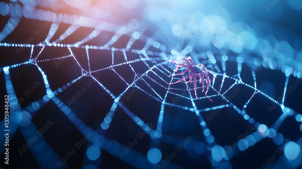 Obraz premium 3D rendering of a holographic blue spider on a web.