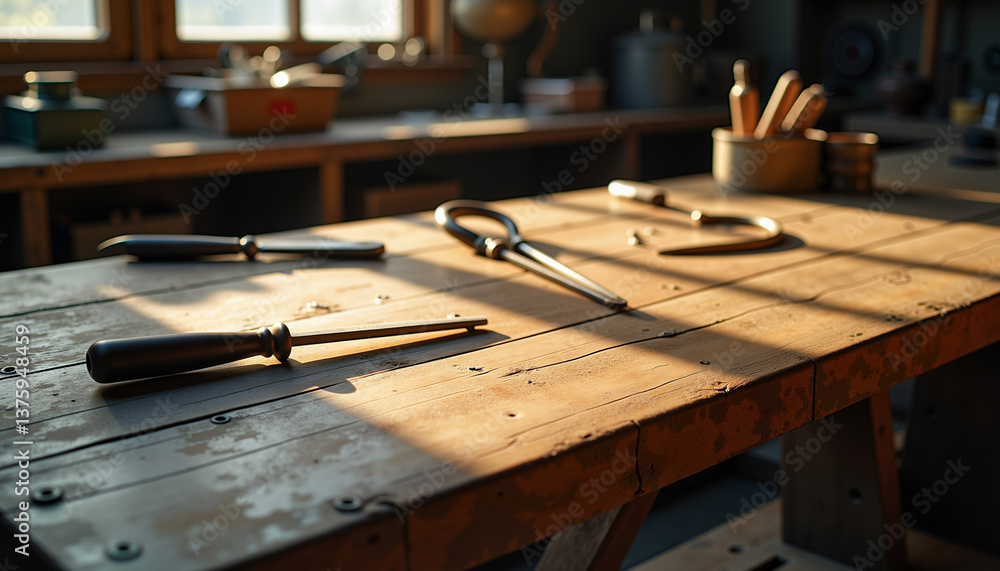 Obraz premium Handtools arranged on workbench in warm, sunlit workshop