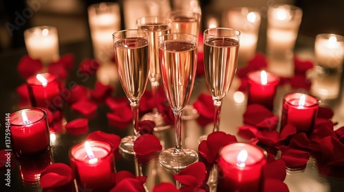 Champagne glasses and red rose petals surrounded by candle light