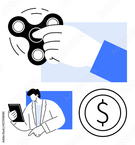 Fidget spinner in motion, man studying tablet, dollar icon. Ideal for productivity, focus, relaxation, multitasking, financial planning business learning decision-making. Flat simple metaphor