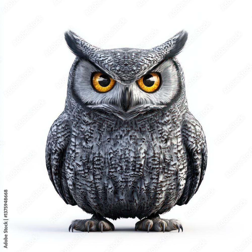 Fototapeta premium Realistic Gray Owl with Striking Yellow Eyes Set Against White Background in 3D Render Style