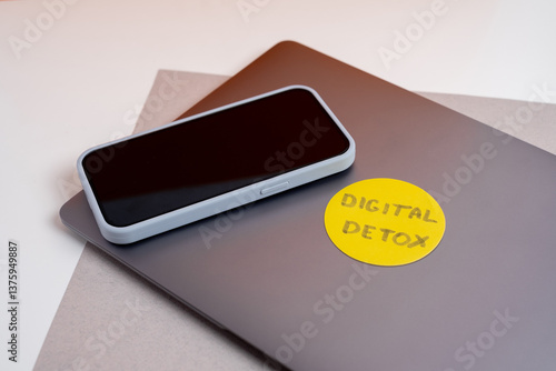 Fotografie Technology concept - words of digital detox digital gadgets