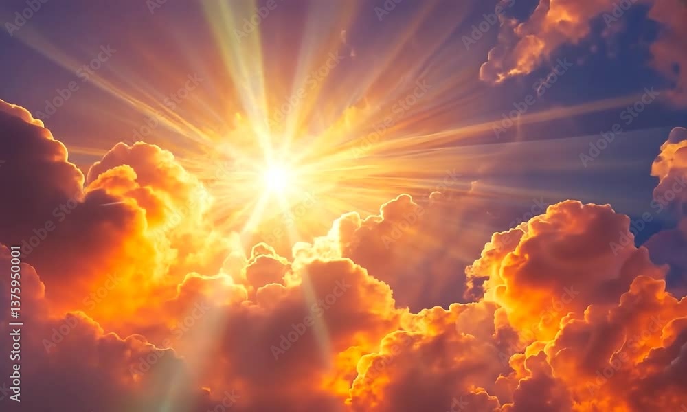 Vibrant sunset illuminating clouds with rays of sunlight creating a serene atmosphere Vibrant sunset illuminating clouds with rays of sunlight creating a serene atmosphere