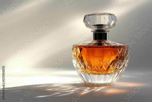 Elegant perfume bottle with a decorative glass cap and amber liquid